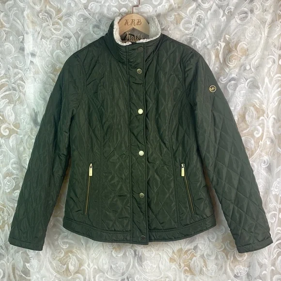 Michael Kors Quilted Jacket Faux Fur Sherpa Collar Olive Green Gold Lightweight - Picture 2 of 13